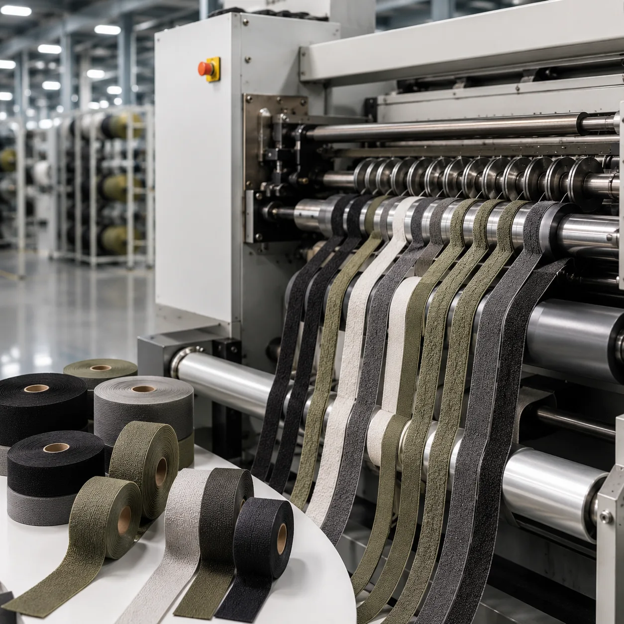 Slitting and conversion equipment processing hook and loop tape to custom widths at Walonium Morbi