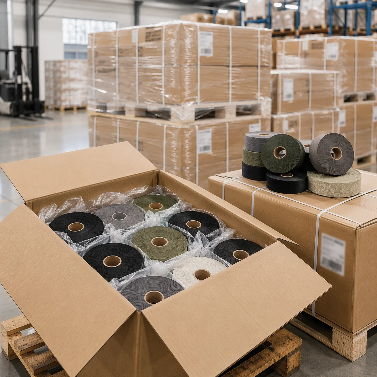 Export cartons labelled and packed for international shipment from Walonium Morbi