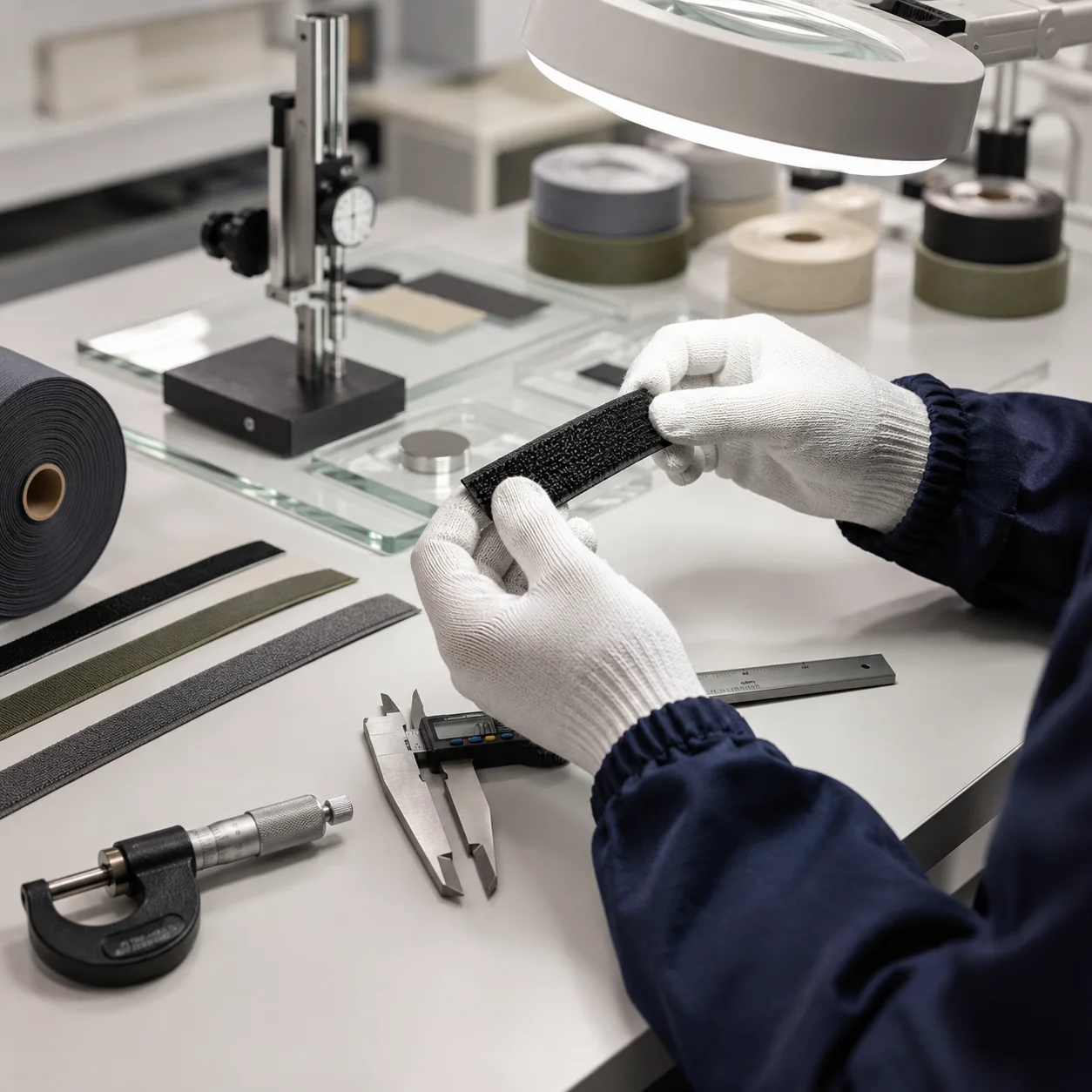 Quality technician inspecting hook and loop tape batches before export dispatch