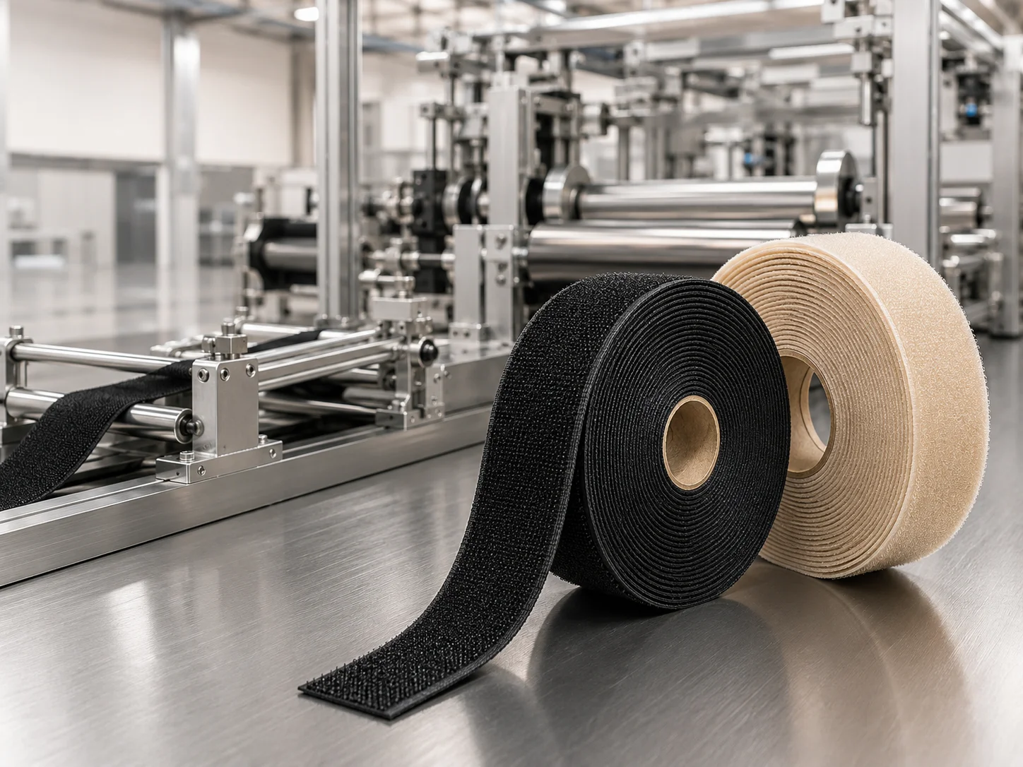 Adhesive-backed hook and loop tape applied to an industrial surface during product selection