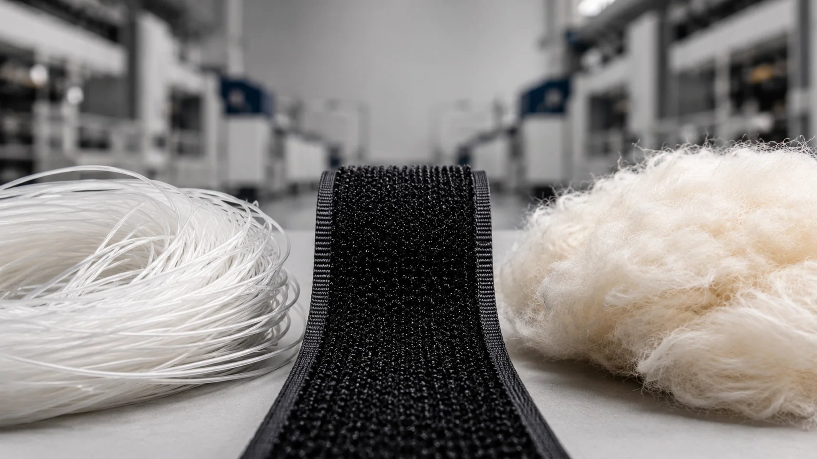 Close-up comparison of nylon and polyester hook and loop tape materials for industrial fastening
