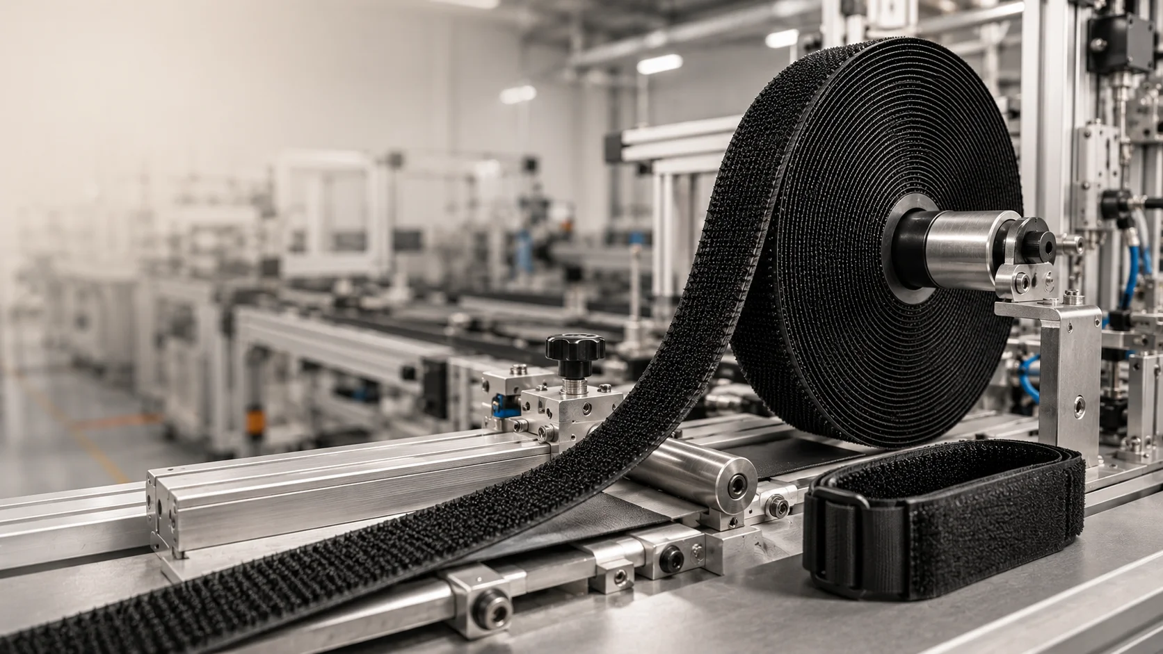 Industrial manufacturing line using hook and loop fasteners to improve assembly efficiency
