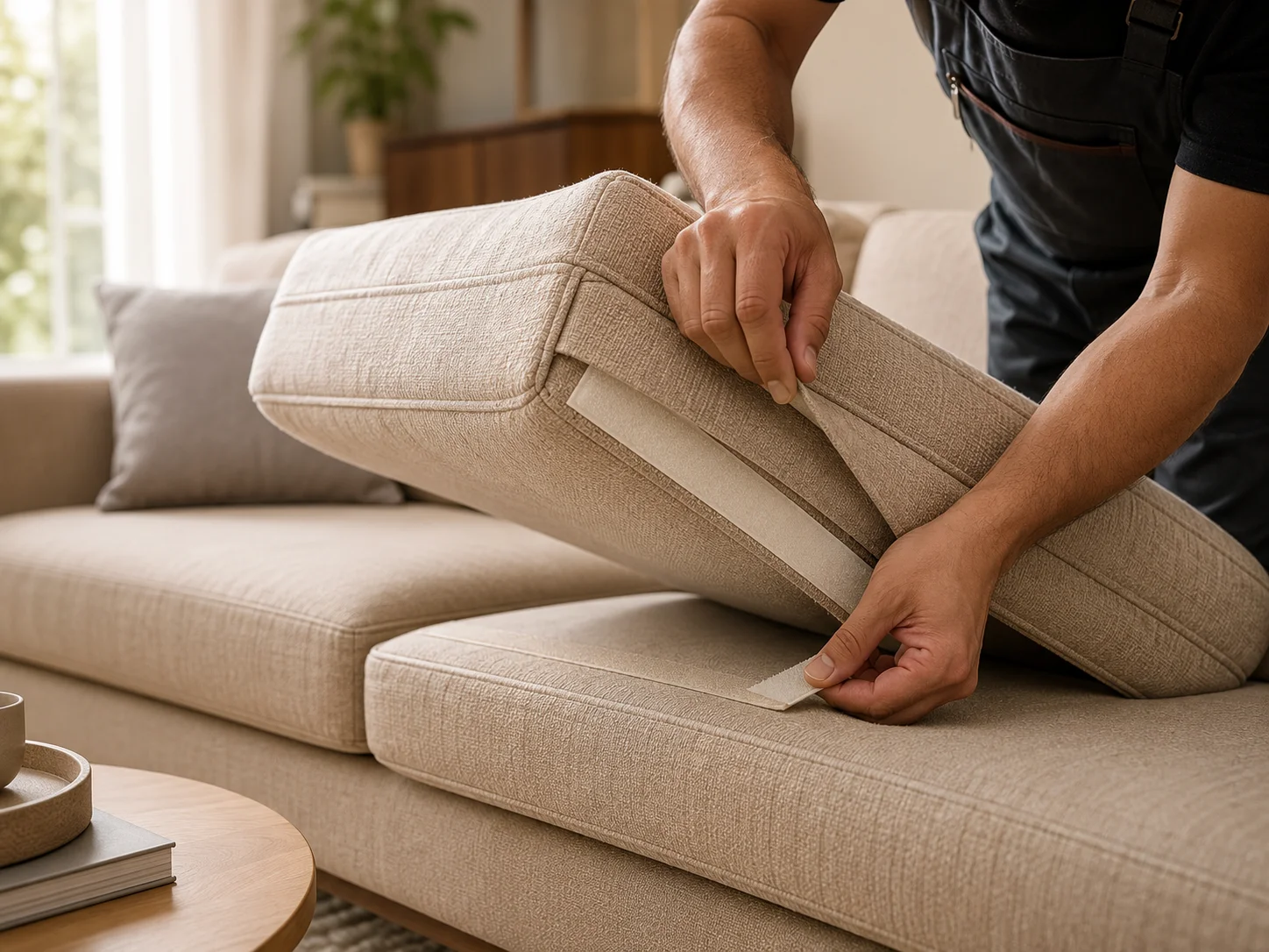 Furniture upholstery hook and loop fastening solutions for cushions, sofa covers and panels