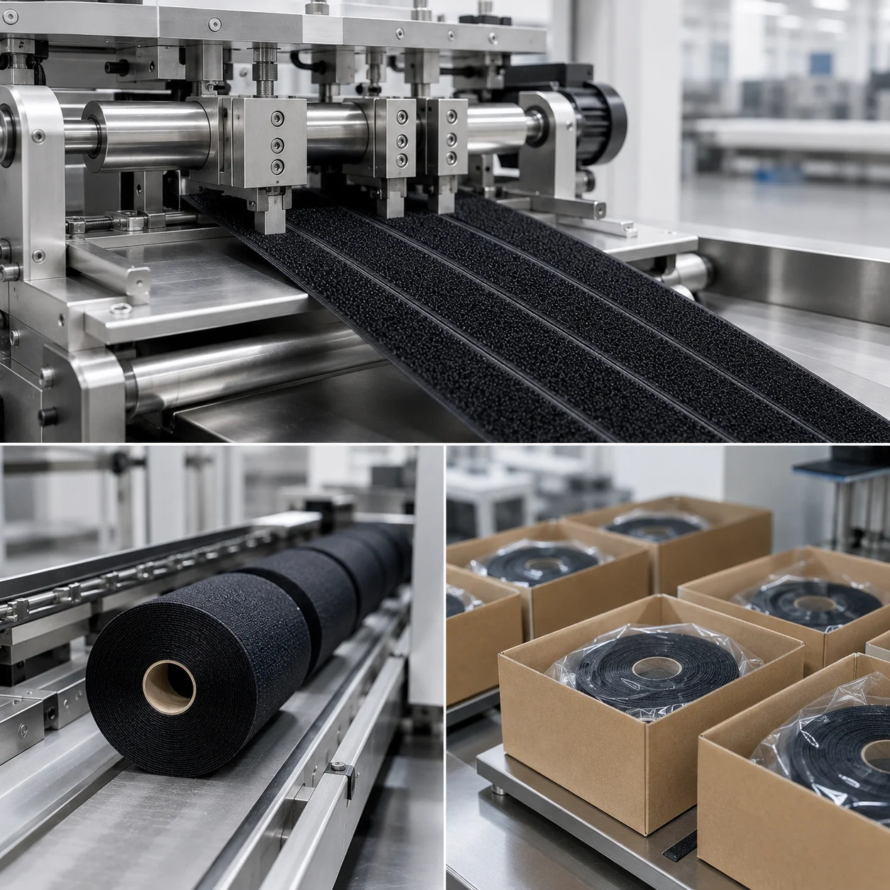 Custom cutting and packaging of hook and loop tape rolls
